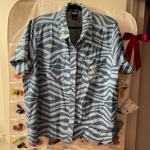 Her Universe Blue Zebra-Stripe Short Sleeve Button-Up Top